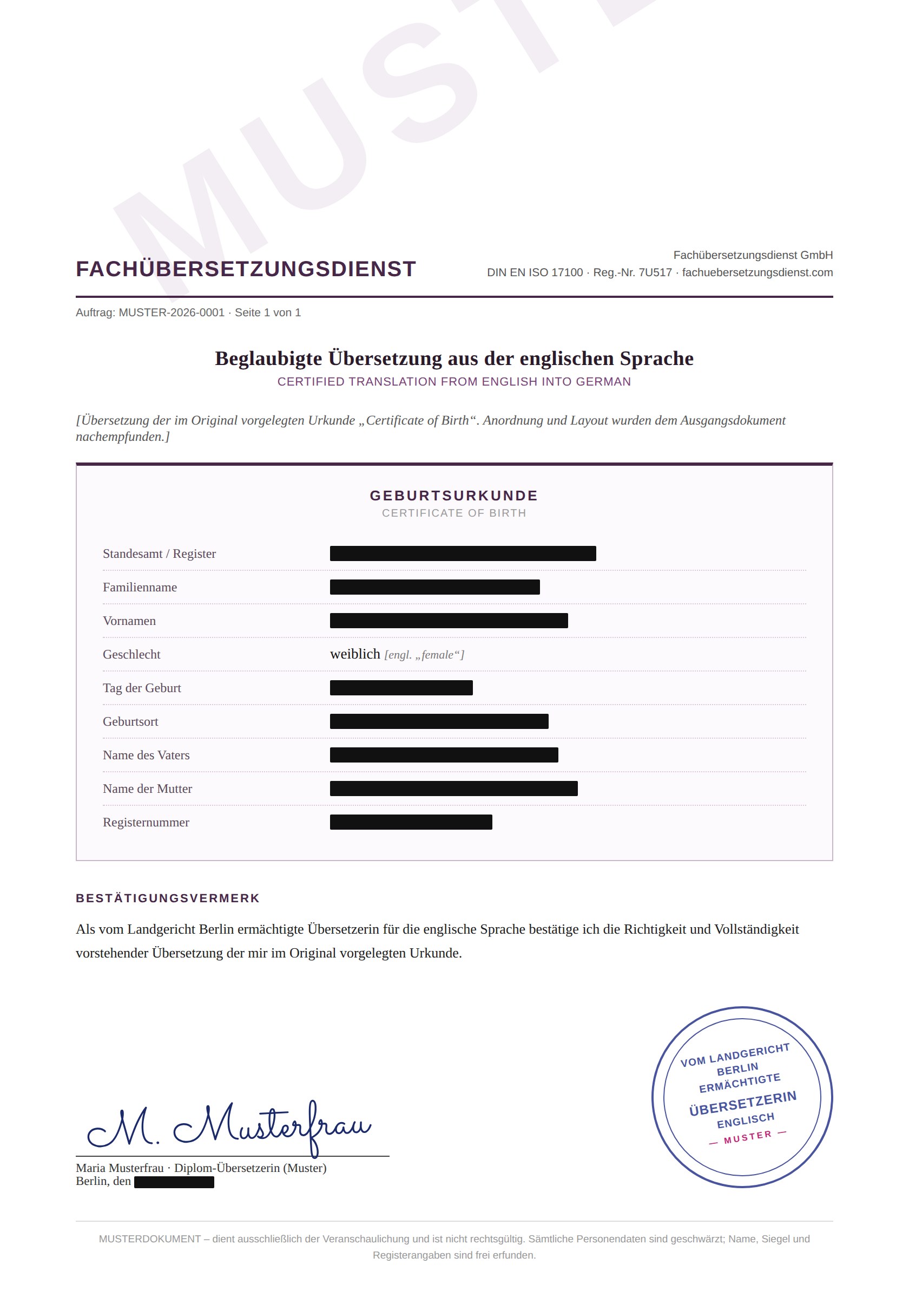 Muster einer bestätigten Übersetzung mit Bestätigungsvermerk, Stempel und Unterschrift